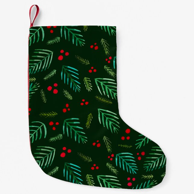 Christmas tree branches and berries - dark green small christmas stocking (Front)