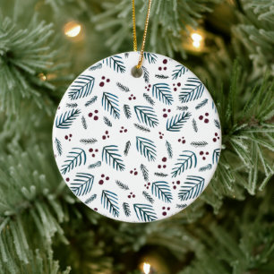Christmas tree branches and berries - dark teal ceramic ornament