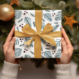 Christmas tree branches and berries - dark teal wrapping paper sheet