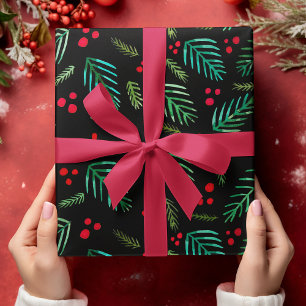 Christmas tree branches and berries - dark wrapping paper sheet