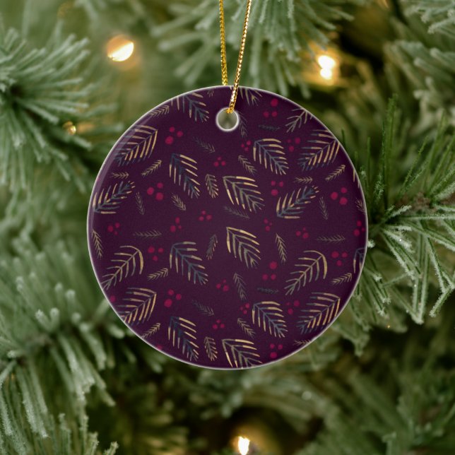 Christmas tree branches and berries - wine red ceramic ornament (Tree)