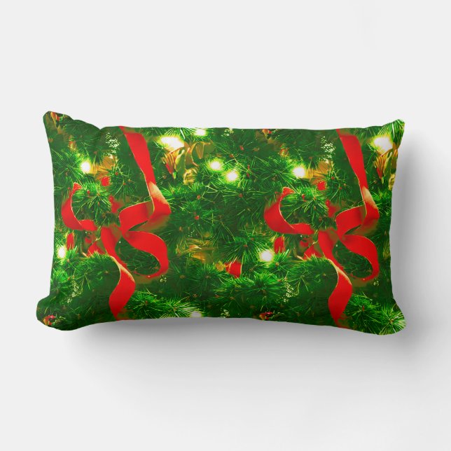 Christmas Tree Branches and Red Ribbons Lumbar Cushion (Front)
