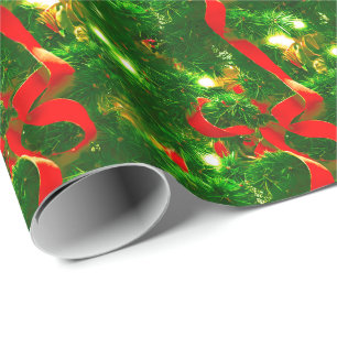 Christmas Tree Branches and Red Ribbons Wrapping Paper
