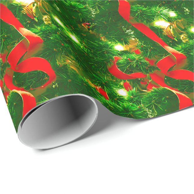 Christmas Tree Branches and Red Ribbons Wrapping Paper (Roll Corner)