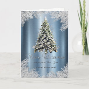 Christmas Tree Branches,Blue Metallic Corporate Holiday Card