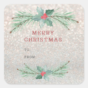 Christmas tree branches with red berries. square sticker