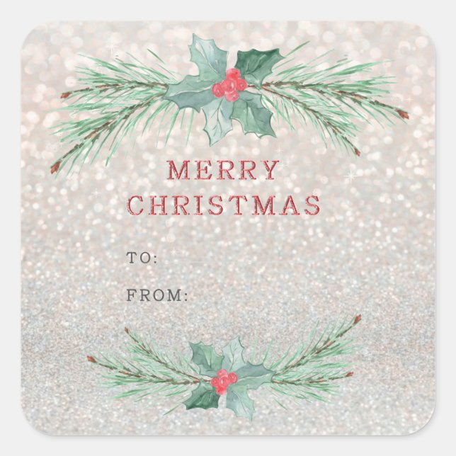 Christmas tree branches with red berries. square sticker (Front)