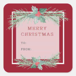 Christmas tree branches with red berries. square sticker