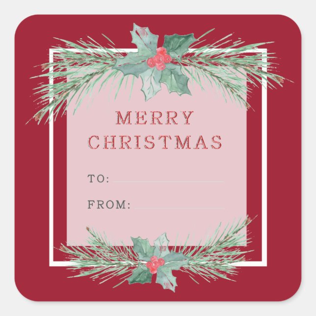 Christmas tree branches with red berries. square sticker (Front)