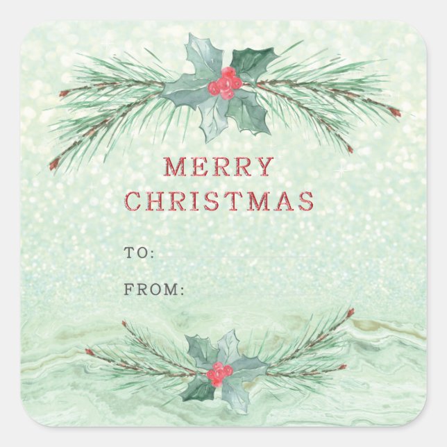 Christmas tree branches with red berries. square sticker (Front)