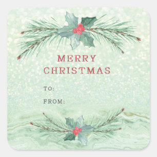 Christmas tree branches with red berries. square sticker