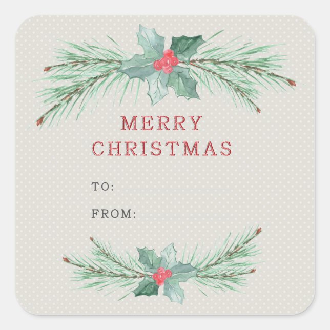 Christmas tree branches with red berries. square sticker (Front)
