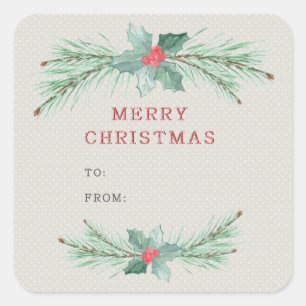 Christmas tree branches with red berries. square sticker