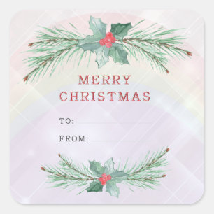 Christmas tree branches with red berries. square sticker