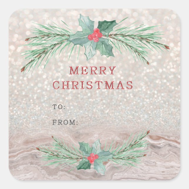 Christmas tree branches with red berries. square sticker (Front)