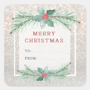 Christmas tree branches with red berries. square sticker