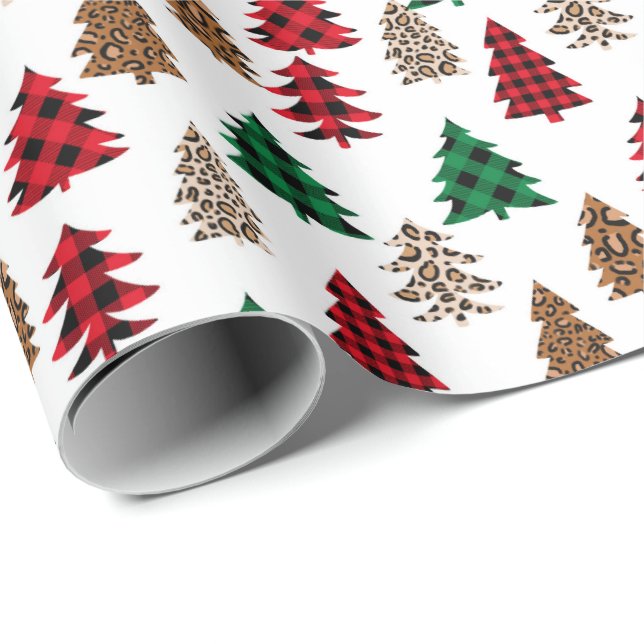 Christmas Tree Buffalo Plaid and Leopard Wrapping Paper (Roll Corner)