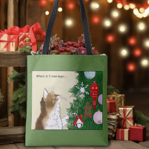 Christmas Tree Calico Cat Ornaments Funny Tote Bag