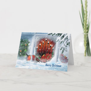 Christmas tree, candles, poinsettia and red robin holiday card