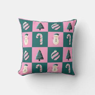 Christmas tree candy cane bauble snowman pink cyan cushion