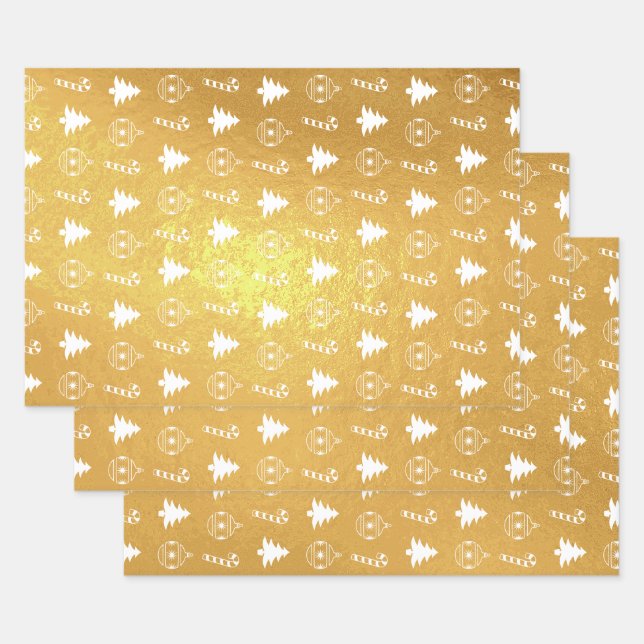 Christmas Tree, Candy Cane, Tree Ornament Pattern Foil Wrapping Paper Sheet (Set)