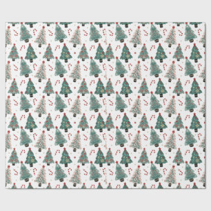 Christmas Tree Candy Canes Blue Red White Pattern Wrapping Paper