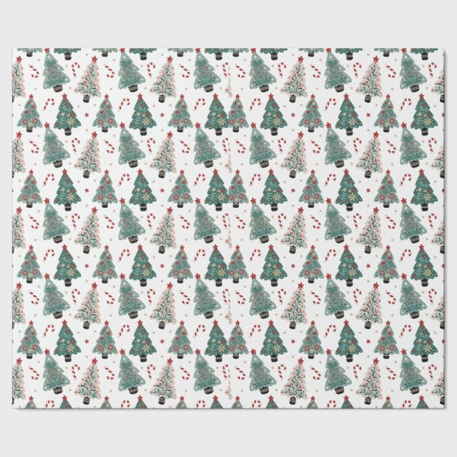 Christmas Tree Candy Canes Blue Red White Pattern Wrapping Paper (Seam)
