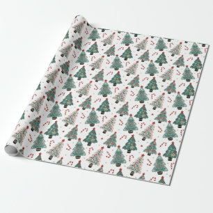 Christmas Tree Candy Canes Blue Red White Pattern Wrapping Paper