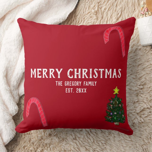 Christmas Tree Candy Canes Family NAME Red Cushion (Blanket)