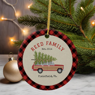 Christmas Tree Car Faux Tweed Plaid Ceramic Ornament