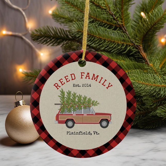 Christmas Tree Car Faux Tweed Plaid Ceramic Ornament (Creator Uploaded)