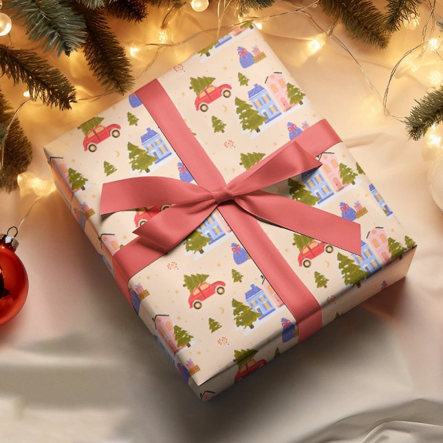 Christmas Tree Car House Illustration Pattern Wrapping Paper (Creator Uploaded)