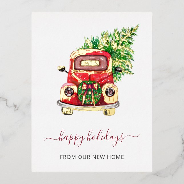 Christmas Tree Car Weve Moved Moving Foil Holiday Postcard (Front)