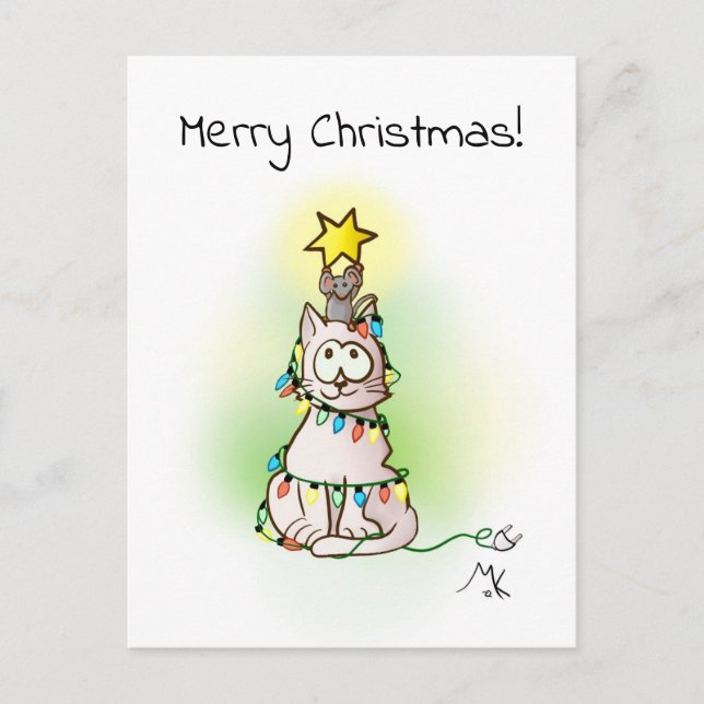 Christmas Tree Cat and Mouse with Shiny Star Holiday Postcard (Front)