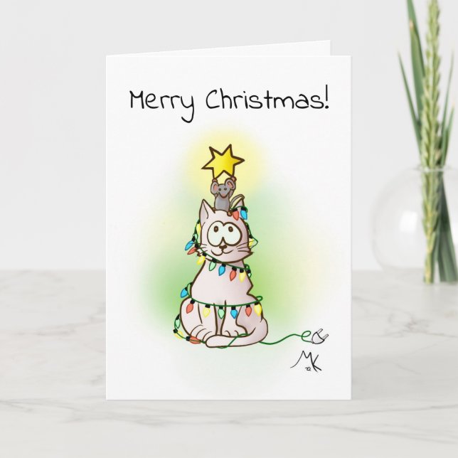 Christmas Tree Cat and Mouse with Star  Card (Front)