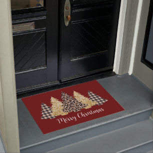 Christmas Tree Cheetah Print Buffalo Plaid Glitter Doormat