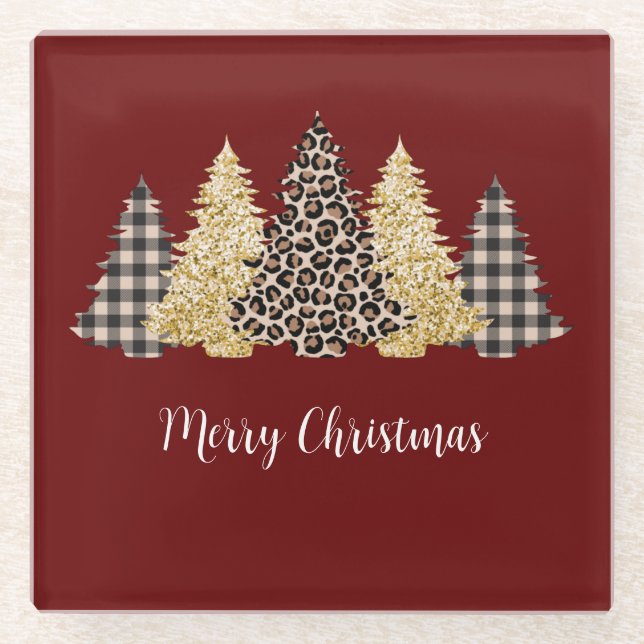 Christmas Tree Cheetah Print Buffalo Plaid Glitter Glass Coaster (Front)