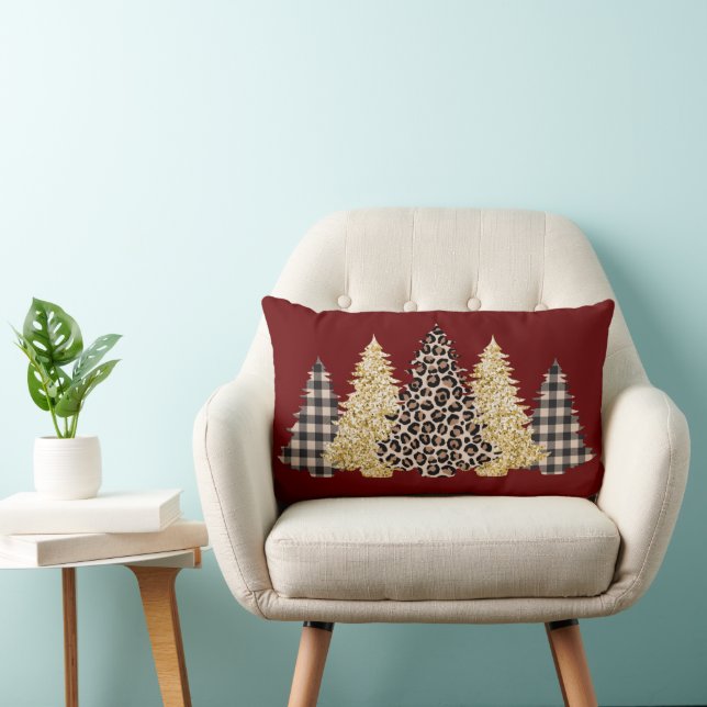 Christmas Tree Cheetah Print Buffalo Plaid Glitter Lumbar Cushion (Chair)