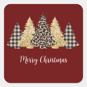 Christmas Tree Cheetah Print Buffalo Plaid Glitter Square Sticker