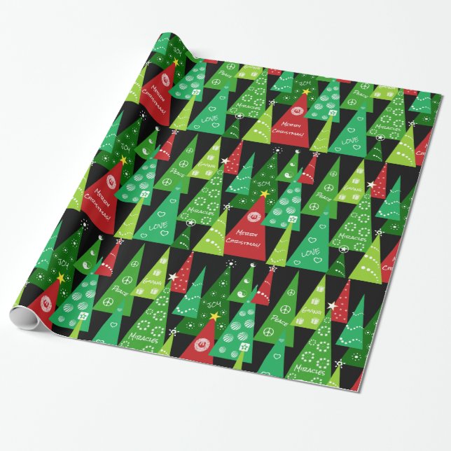 Christmas Tree Collage (Black Background) Wrapping Paper (Unrolled)