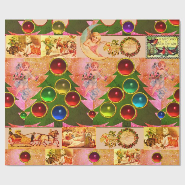 CHRISTMAS TREE,COLORFUL BALLS, ANGELS ,CHILDREN WRAPPING PAPER (Flat)
