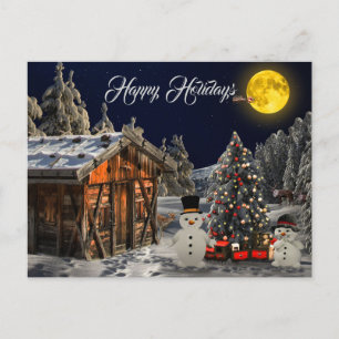 Christmas Tree Colourful Home White Snowman Postcard