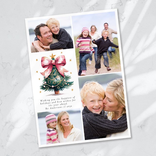 Christmas Tree Coquette Bow Photo Collage Holiday Card (Creator Uploaded)