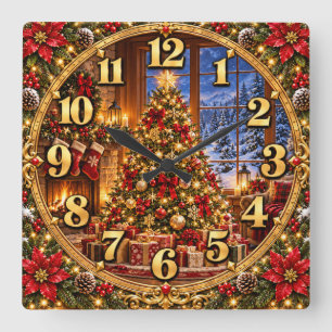 Christmas Tree Cosy Holiday Cabin Square Wall Clock