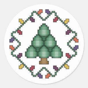 Christmas Tree Cross Stitch Classic Round Sticker