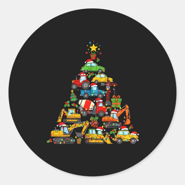 Christmas Tree Cute Construction Truck Xmas Holida Classic Round Sticker (Front)