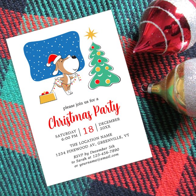 Christmas Tree Cute Puppy Dog Santa Hat Party Invitation (Creator Uploaded)