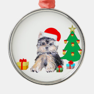 Christmas tree, cute Yorkshire puppy dog & gifts Metal Ornament