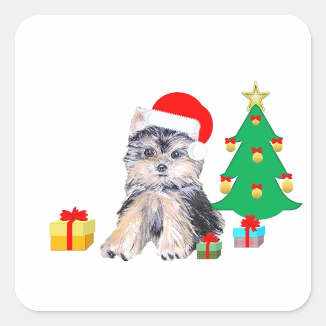 Christmas tree, cute Yorkshire puppy dog & gifts Square Sticker (Front)