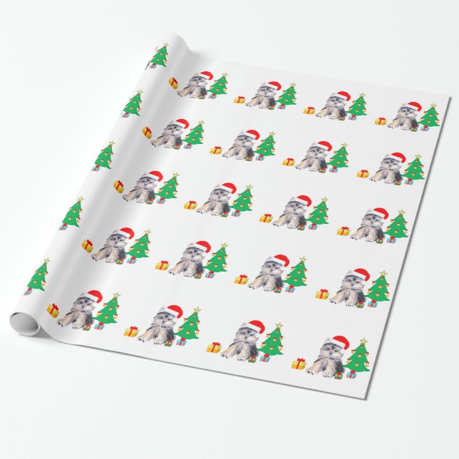 Christmas tree, cute Yorkshire puppy dog & gifts Wrapping Paper (Unrolled)